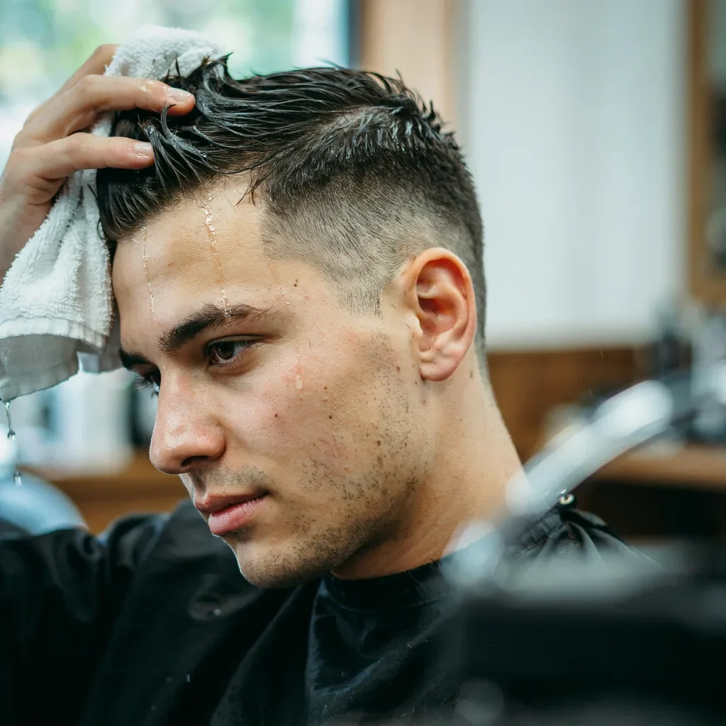 patting a freshly cut fade dry with a towel
