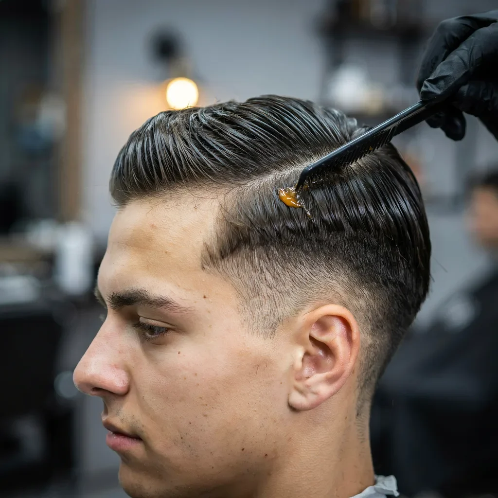 pomade being combed through a slicked back mid fade