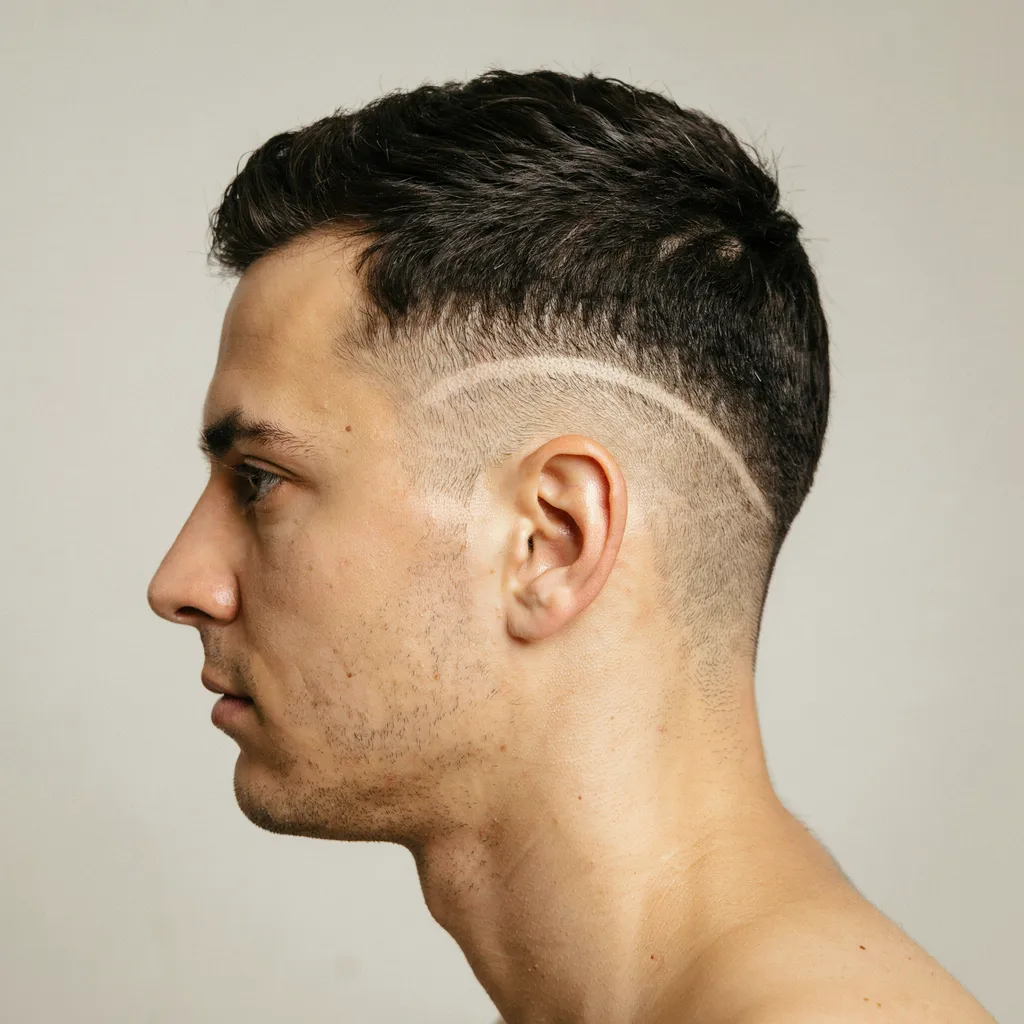 Side profile of a razor fade haircut with an ultra-crisp sharp line