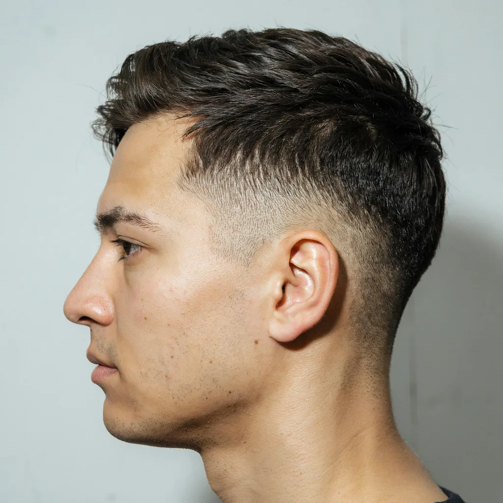 Side profile of a shadow fade haircut with a soft subtle low-contrast blend