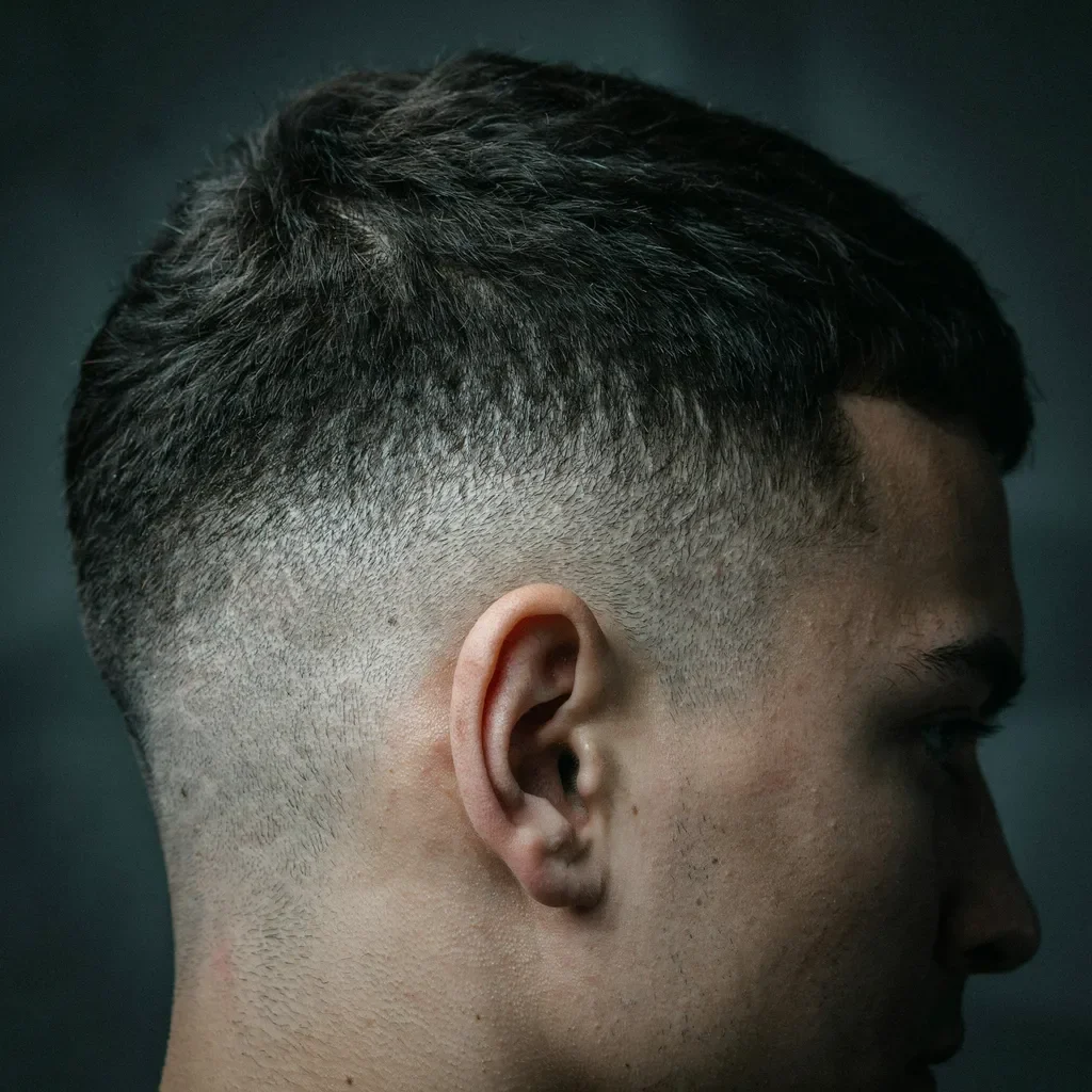 buzzed short top paired with a mid fade