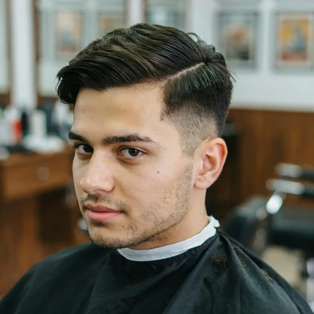side part mid fade balancing a wider forehead
