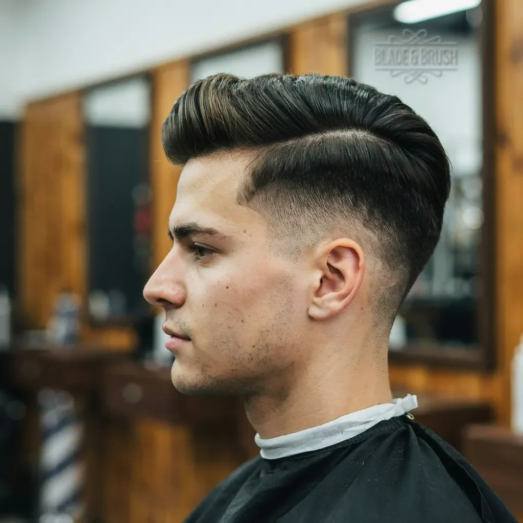 side profile of a mid fade pompadour