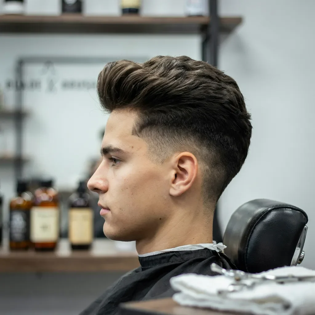 side profile of a mid fade quiff haircut