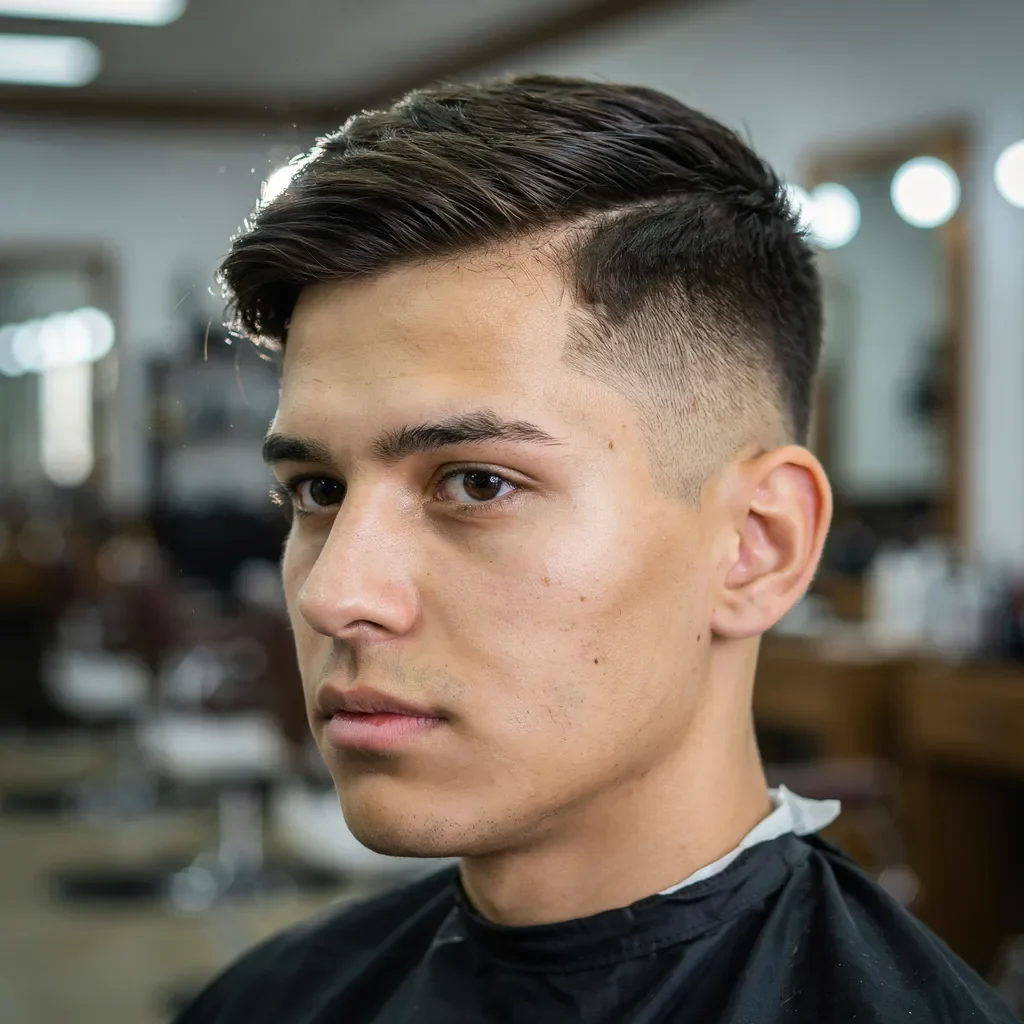 side swept mid fade angled across the forehead