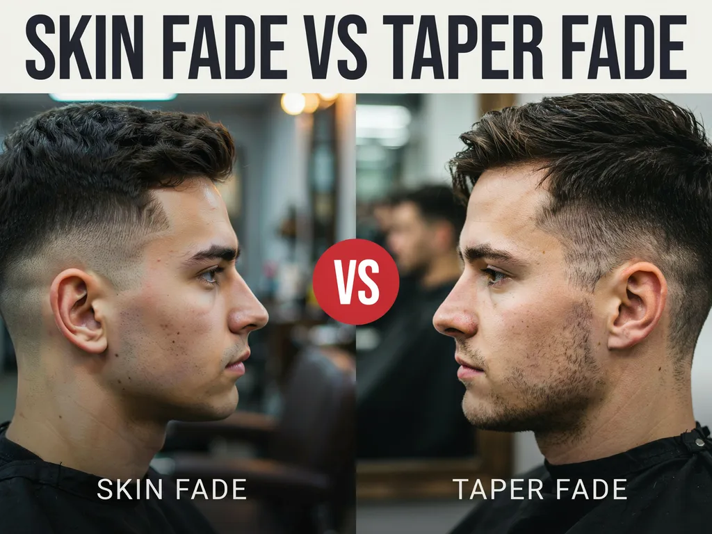Skin fade vs taper fade comparison magazine-style cover image