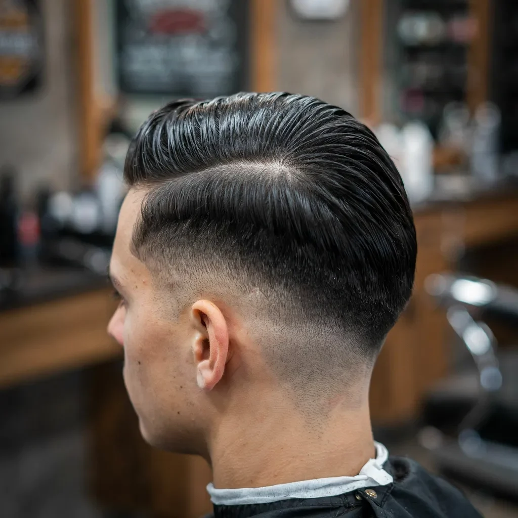 slick back mid fade with a hard part