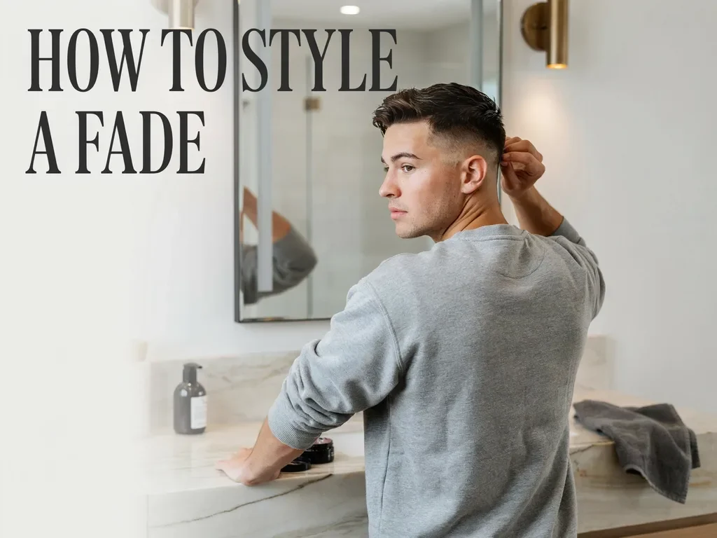 Young man styling his fade haircut in a bathroom mirror