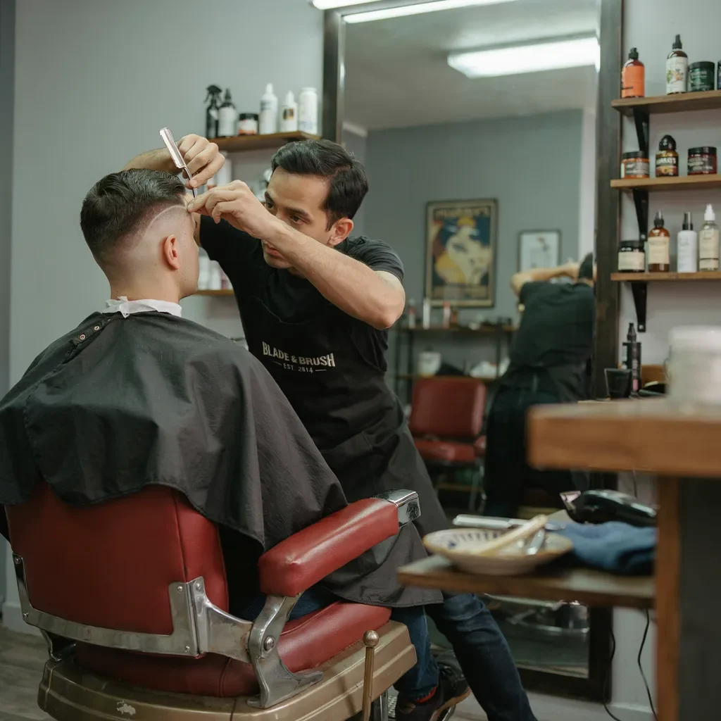 barber using a razor for a precise shape up