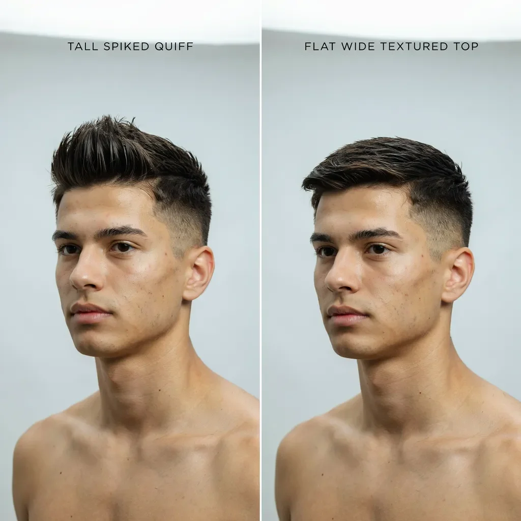 tall quiff versus flat textured top for a long face