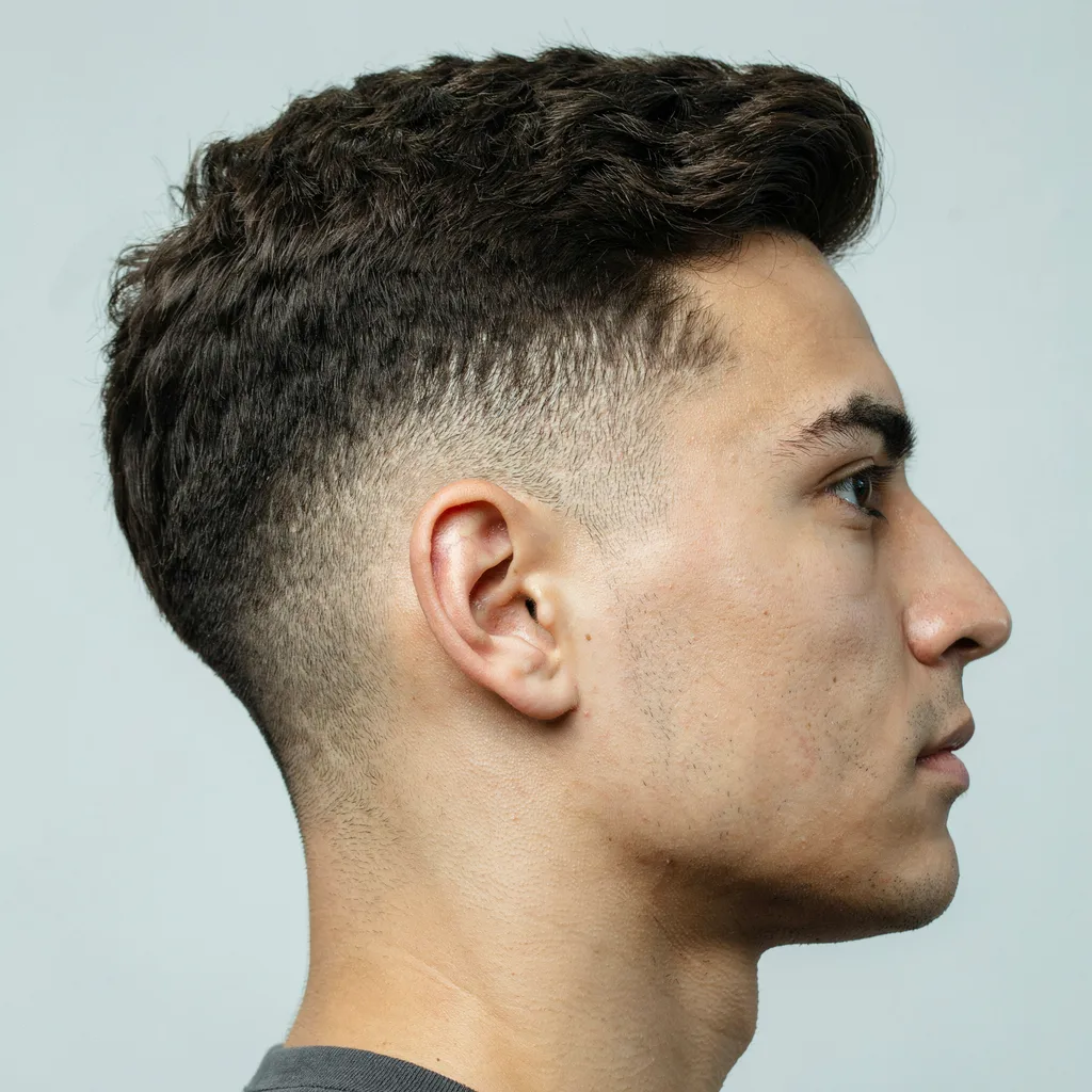 Fade haircut slightly grown out with soft natural regrowth