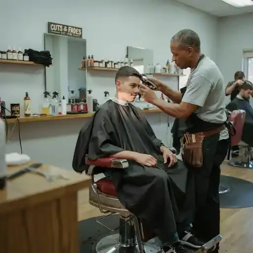 teen getting a first fade haircut at a barbershop