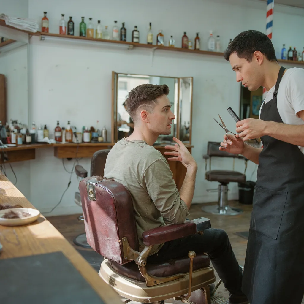 Barbershop client describing his haircut preferences to his barber