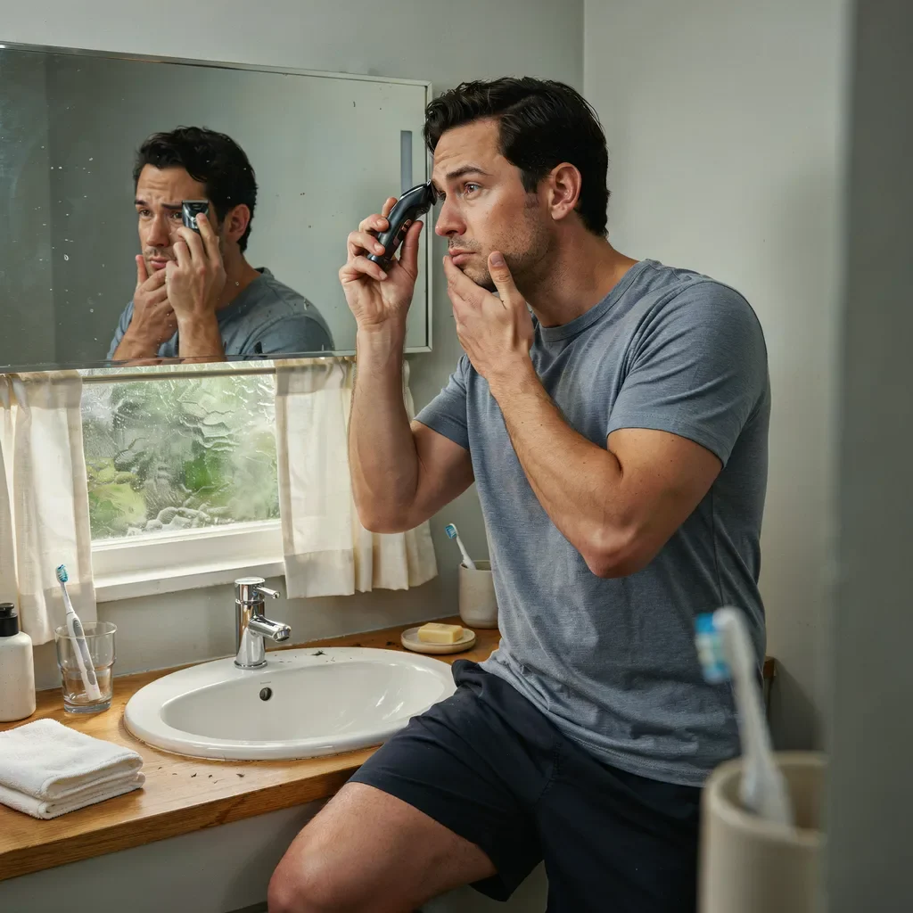 Man trimming his sideburns at a home bathroom mirror