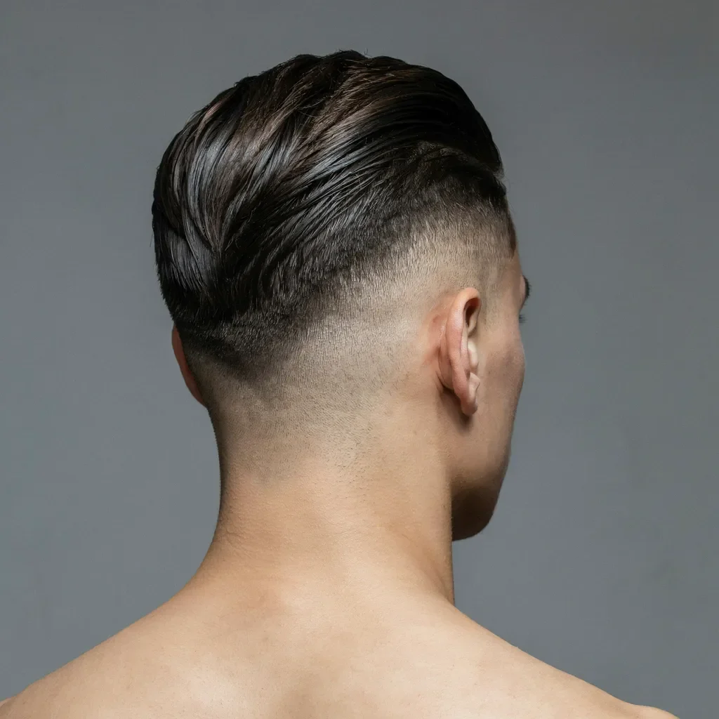 slicked back top with an undercut style mid fade