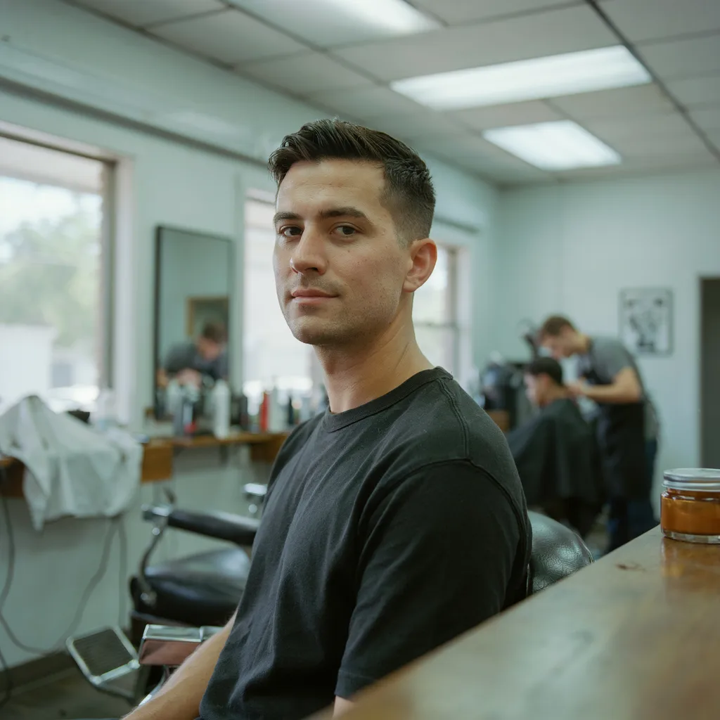 Man with a clean undercut haircut, short faded sides with a disconnect