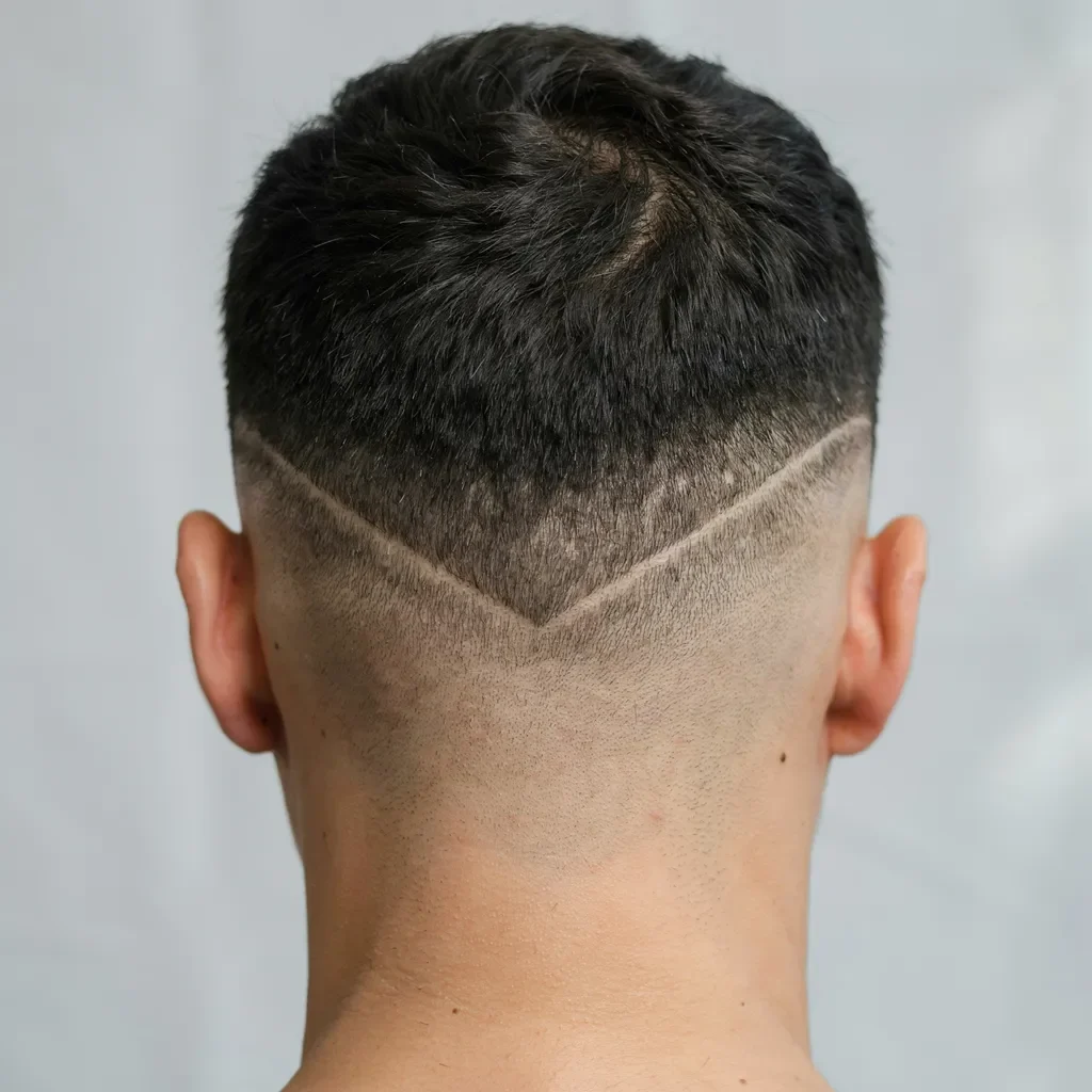 Man's neckline showing an uneven crooked line