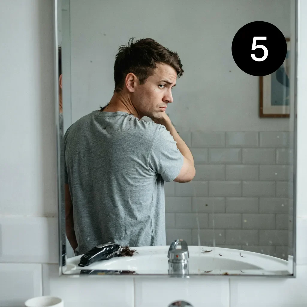Man looking at a severely uneven DIY haircut in the mirror