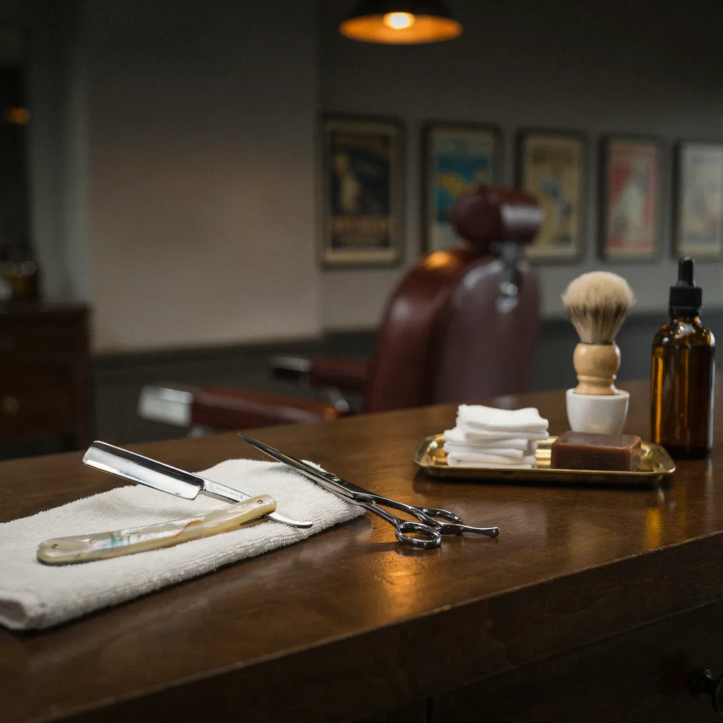 Upscale barbershop station with premium grooming tools neatly arranged