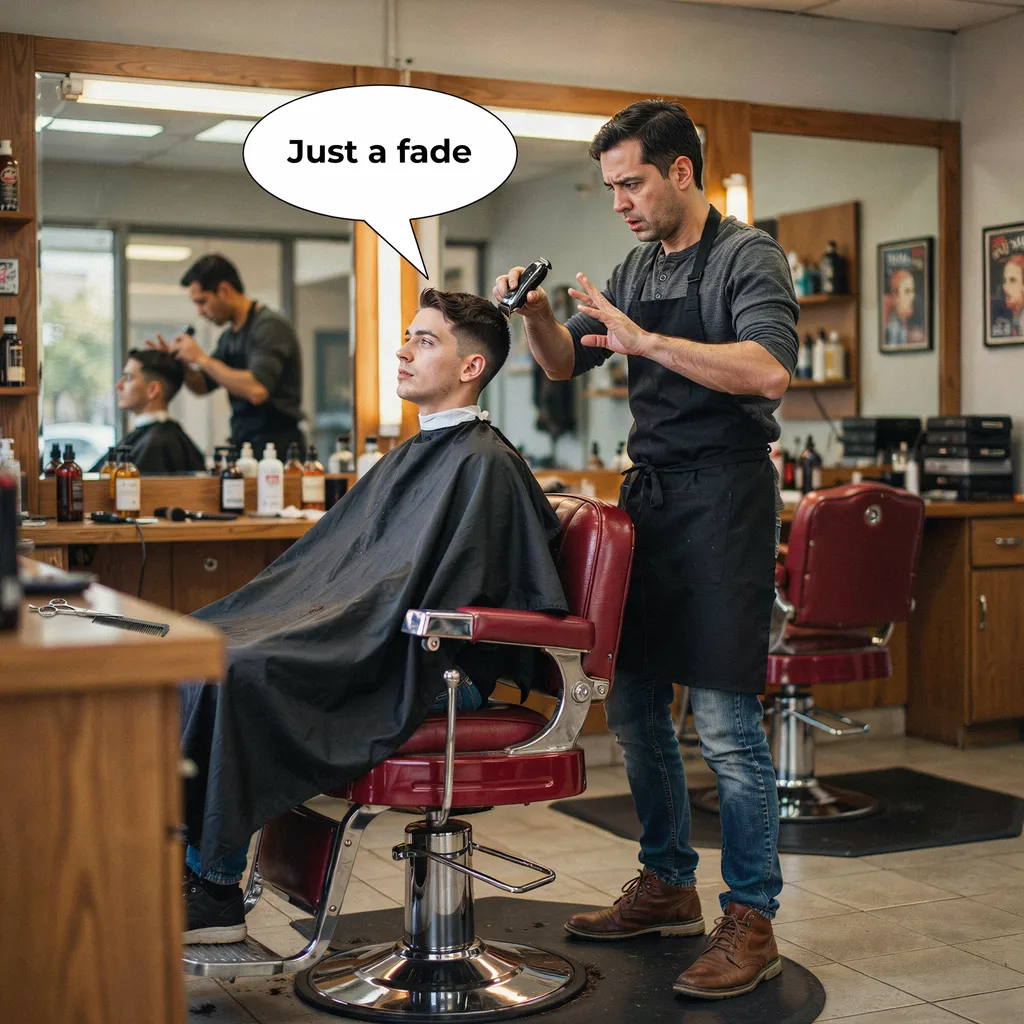 Confused barber after a client vaguely says just a fade, speech bubble