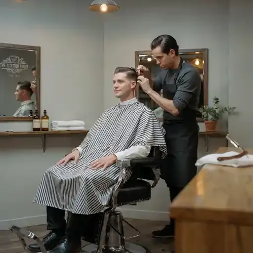 barber giving a groom his pre wedding haircut