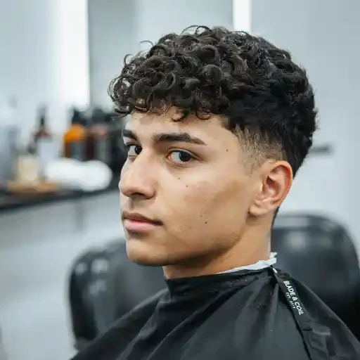 curly hair styled with a mid fade