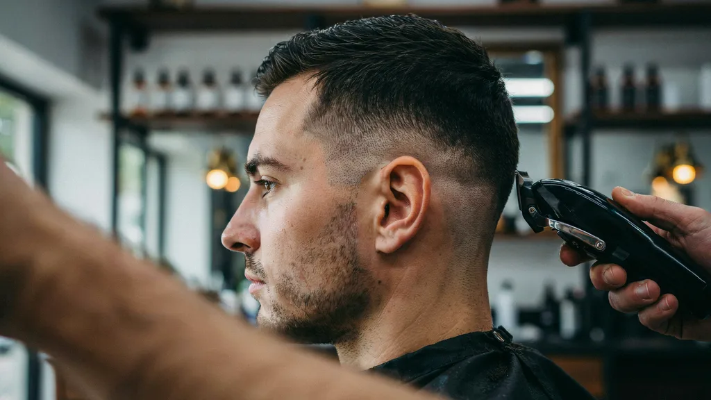 Skin fade haircut fading down to bare skin near the ear